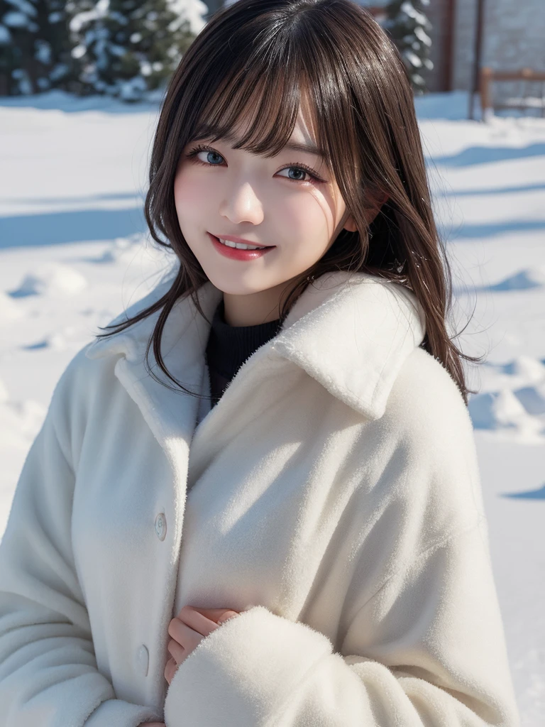 masterpiece, best quality, illustration, ultra-detailed, finely detailed, high resolution, 8K wallpaper, perfect dynamic composition, beautiful detailed eyes, snowy landscape, winter coat, medium hair, small breasts, warm pose, smile, looking at camera
