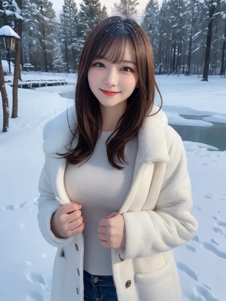 masterpiece, best quality, illustration, ultra-detailed, finely detailed, high resolution, 8K wallpaper, perfect dynamic composition, beautiful detailed eyes, snowy landscape, winter coat, medium hair, small breasts, warm pose, smile, looking at camera