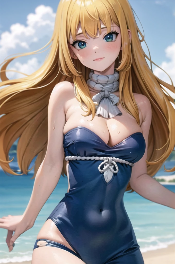 ((Best quality, high quality, a high resolution)), This, 1 girl, One, bare shoulders, in a blue bra, in a blue bikini, Long legs, high growth, sexuality, sweating, Armpits, sea, wound, Sun, looks at the viewer, sexy face