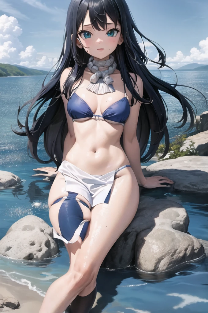 ((Best quality, high quality, a high resolution)), This, 1 girl, One, bare shoulders, in a blue bra, in a blue bikini, Long legs, high growth, sexuality, sweating, Armpits, sea, wound, Sun, looks at the viewer, face