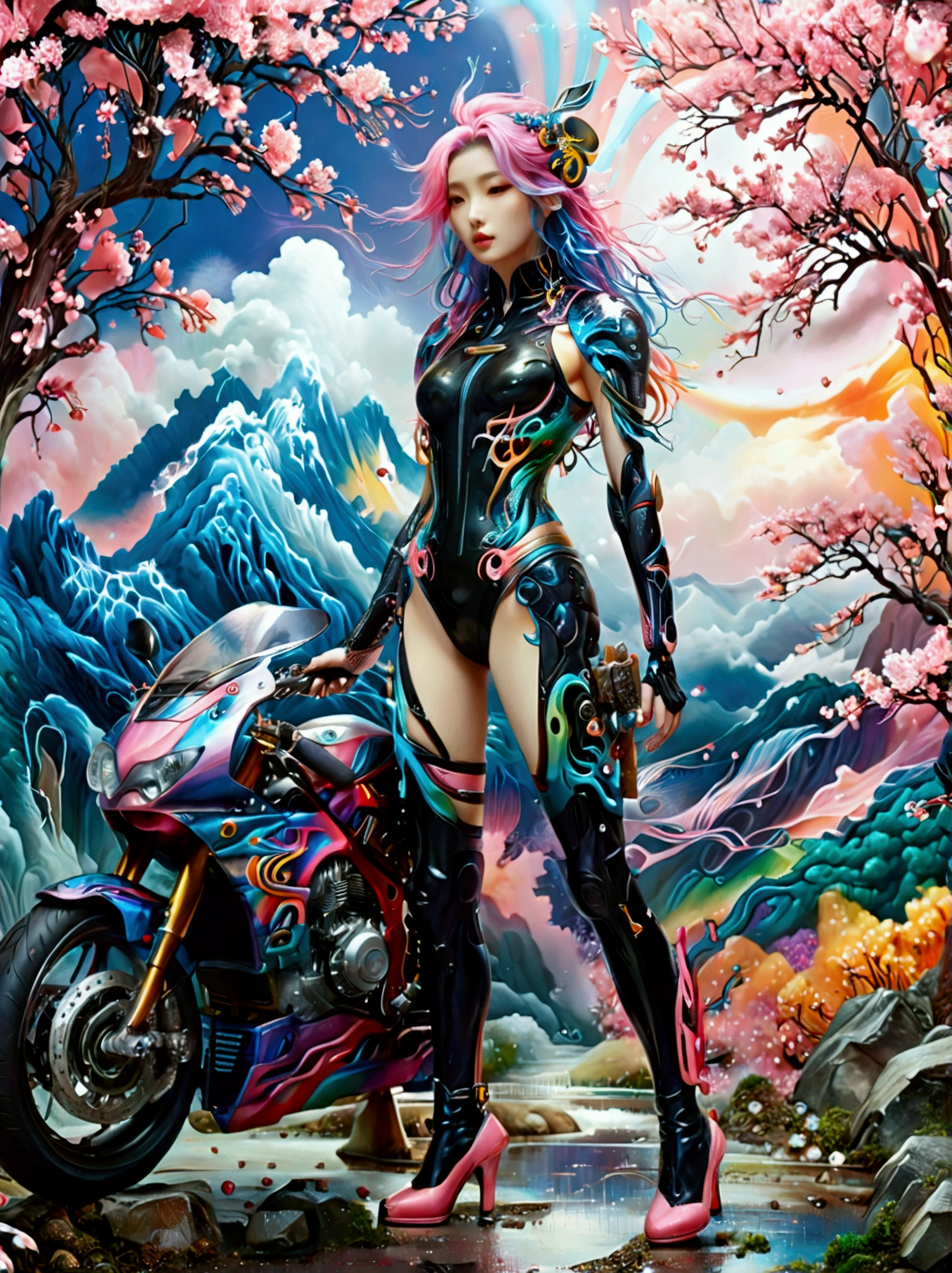 ((Imagine)),((whole body)),1 girl, Wearing a black cheongsam,Arms and Legs,手持电动步枪的Cyberpunk美女,Standing under a cherry tree with pink flowers in full bloom,(Mechanical ceramic high heels:1.5 ),Empty mountain motorcycle style oil painting,in the style of futuristic,Cyberpunk,High Detail, Top quality,Official Art,(Aesthetics and aesthetics:1.2),(Fractal Art:1.3),(Facial features of Korean girls:1.8),(Front view:1.9),(以广角镜头拍摄whole body的顶级摄影师作品:1.5),Looking at the audience,(Rainbow hair,Hair color,Half blue and half pink hair:1.2),masterpiece,Best quality,Anatomically correct,Textured Skin,Super Detail,8k,high resolution,Vibrant colors, Thick Line, wave, Multi-layer, prospect, view, fractal thunder dan mumford , Dan Mumford and Alex Grey Styles, Inspired by Cyril Rolando,Psychedelic Surreal Art, Surreal psychedelic design, Dream Art Style, Psychedelic Art, Infinite psychedelic waves