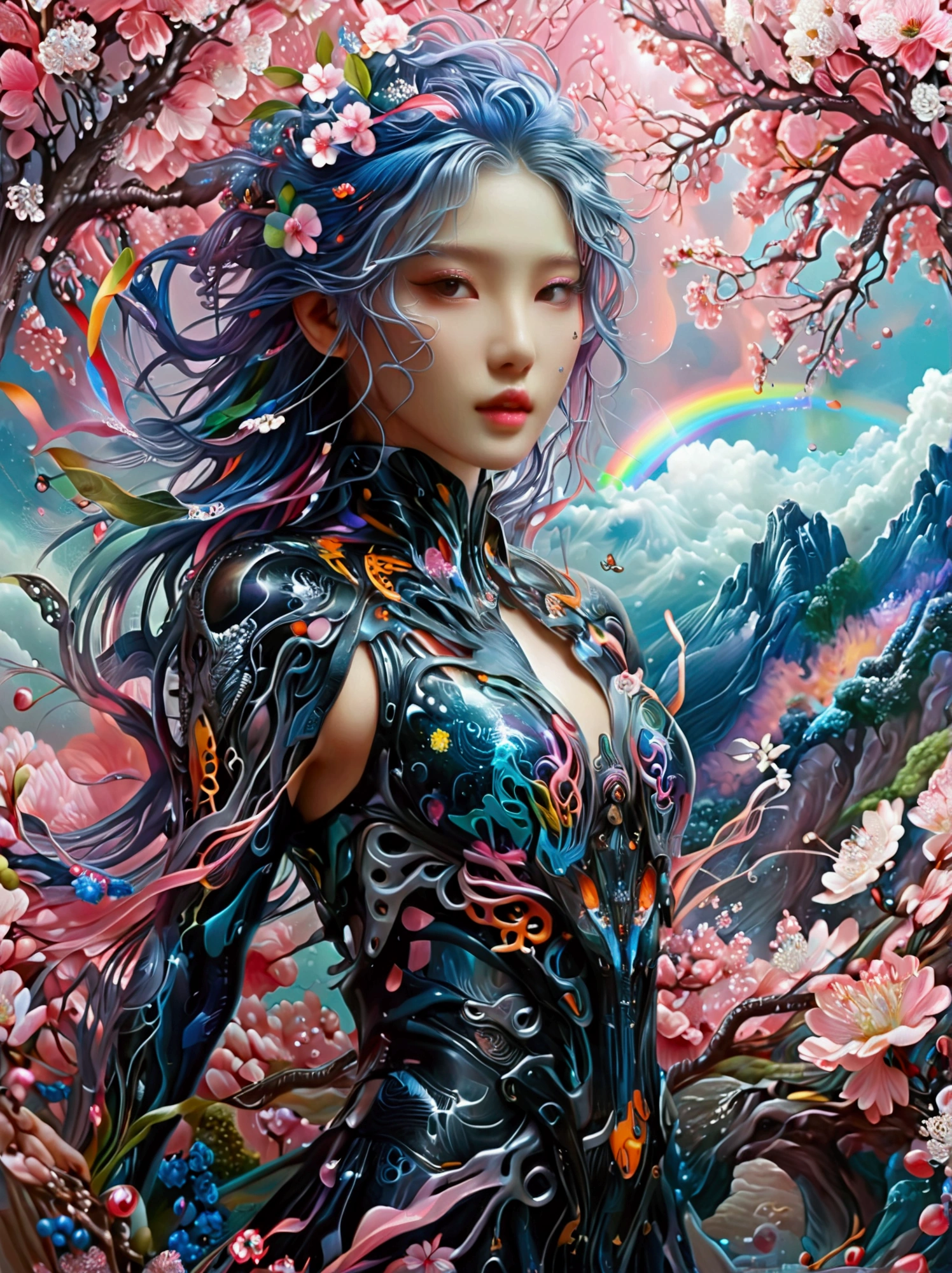 ((Imagine))，((whole body))，1 girl, Wearing a black cheongsam，Arms and Legs，手持电动步枪的Cyberpunk美女，Standing under a cherry tree with pink flowers in full bloom，（Mechanical ceramic high heels:1.5 ），Empty mountain motorcycle style oil painting，in the style of futuristic，Cyberpunk，High Detail, Top quality，Official Art，(Aesthetics and aesthetics:1.2)，(Fractal Art:1.3)，(Facial features of Korean girls:1.8)，(Front view:1.9)，(以广角镜头拍摄whole body的顶级摄影师作品:1.5)，Looking at the audience，(Rainbow hair，Hair color，Half blue and half pink hair:1.2)，masterpiece，Best quality，Anatomically correct，Textured Skin，Super Detail，8k，high resolution，Vibrant colors, Thick Line, wave, Multi-layer, prospect, view, fractal thunder dan mumford , Dan Mumford and Alex Grey Styles, Inspired by Cyril Rolando，Psychedelic Surreal Art, Surreal psychedelic design, Dream Art Style,  Psychedelic Art, Infinite psychedelic waves