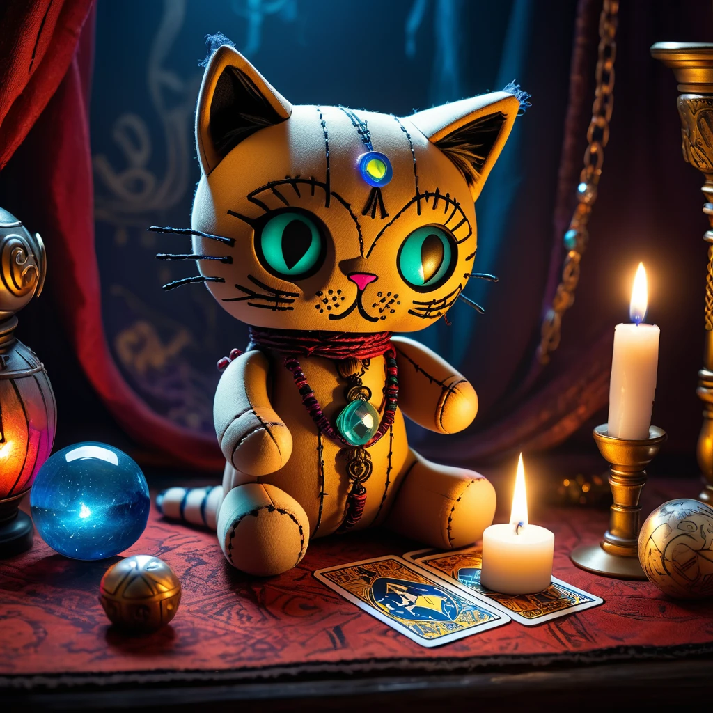 (knitted toy voodoo doll:1.7), (Voodoo Cat Reading Tarot:1.3), (Clothing: mystical cloak with arcane symbols:1.0), (Accessories: enchanted tarot cards, glowing crystal ball:1.2), (background: candle-lit room with floating symbols and mystical smoke:1.2), best quality, masterpiece, detailed soft oil painting, detailed background, dramatic cinematic lighting, soft edge lighting, professional, dramatic lighting, hard edge lighting, ultra quality, 4k,masterpiece, best quality, 8k, ultra highres, highres, extremely detailed