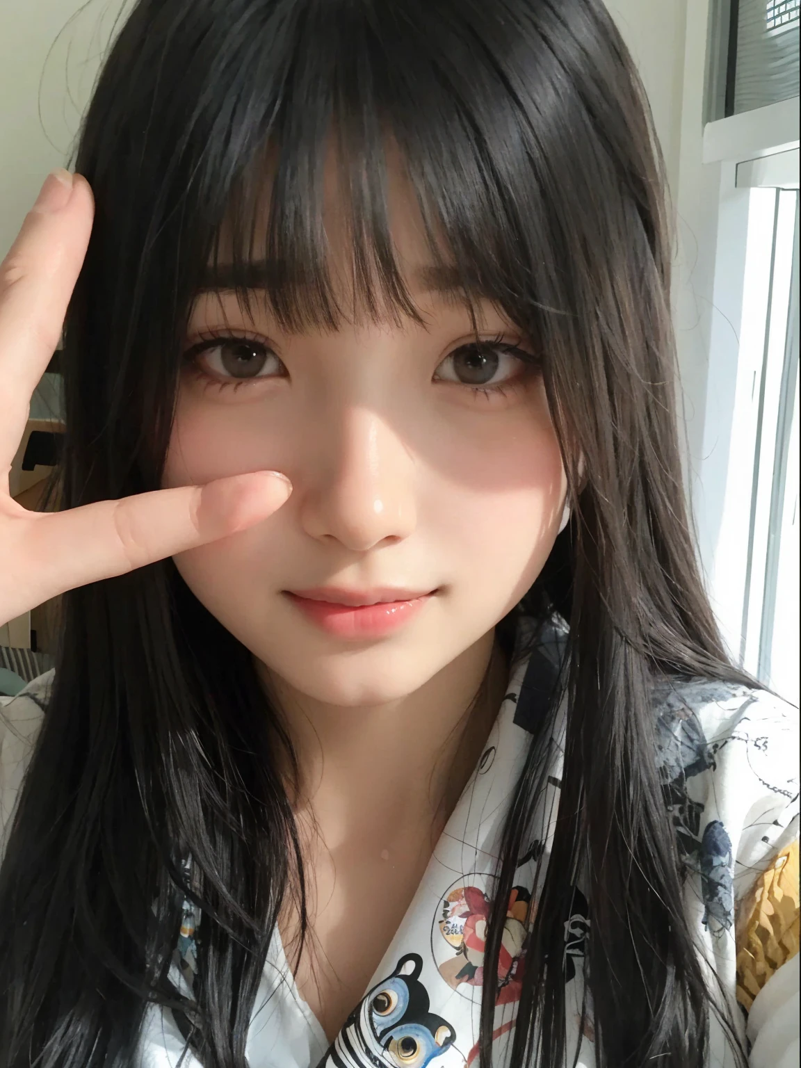 smile, Black Hair, Open your mouth a little, Textured skin, High detail, Reality, realism, Gentle colors,