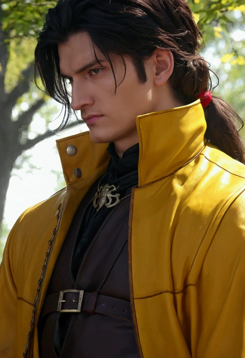 medieval times, 25 years old, tao, Slavic, Natur, Yellow leather coat, Dealer, woods, realistsch, Close Up, sexly,