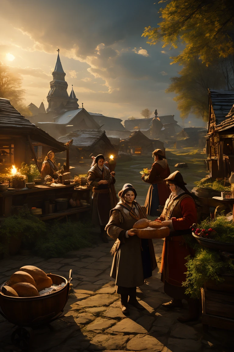 Painting of a group of women and men in traditional Russian folk clothes, holding a loaf, against the backdrop of an ancient Slavic settlement Definitely biological, good luck, Juhol energy, Craig Mullins, Alphonse A lot, Hiroshi Yoshida, Peter Mohrbacher James Jean, A lot, Климт --w 4000 --h 6000