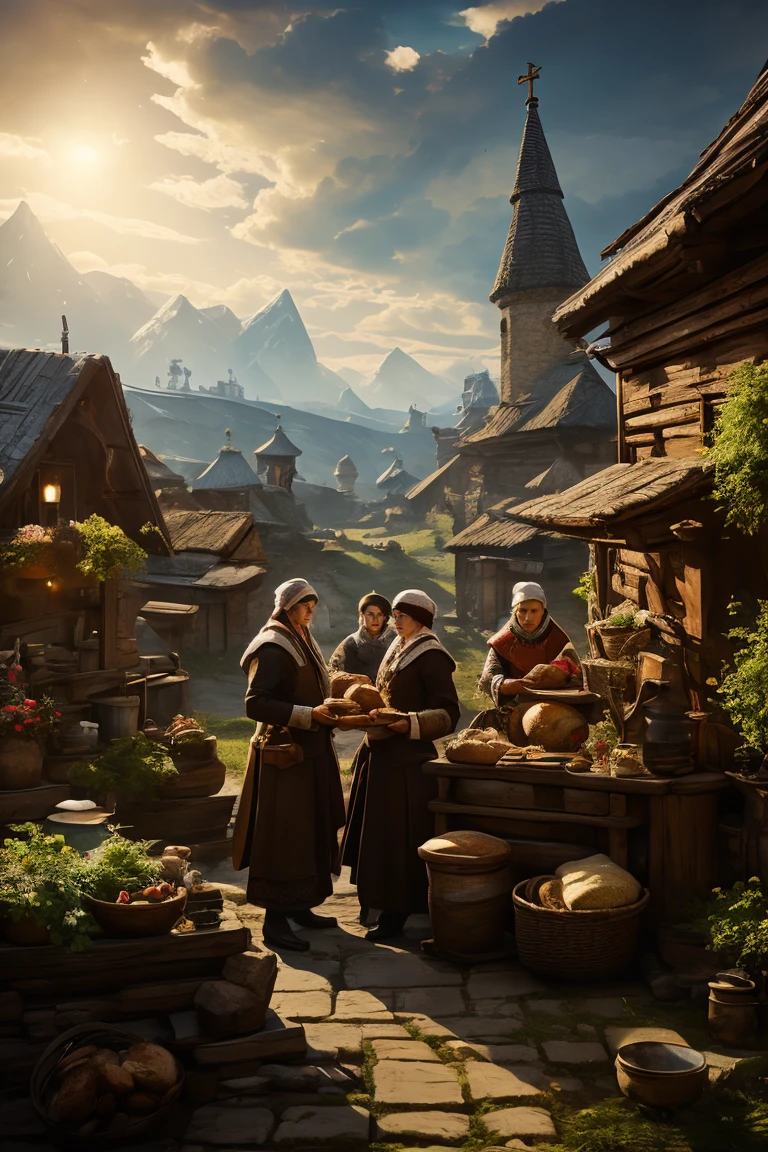 Painting of a group of women and men in traditional Russian folk clothes, holding a loaf, against the backdrop of an ancient Slavic settlement Definitely biological, good luck,  Juhol energy, Craig Mullins, Alphonse A lot, Hiroshi Yoshida, Peter Mohrbacher James Jean, A lot, Климт --w 4000 --h 6000