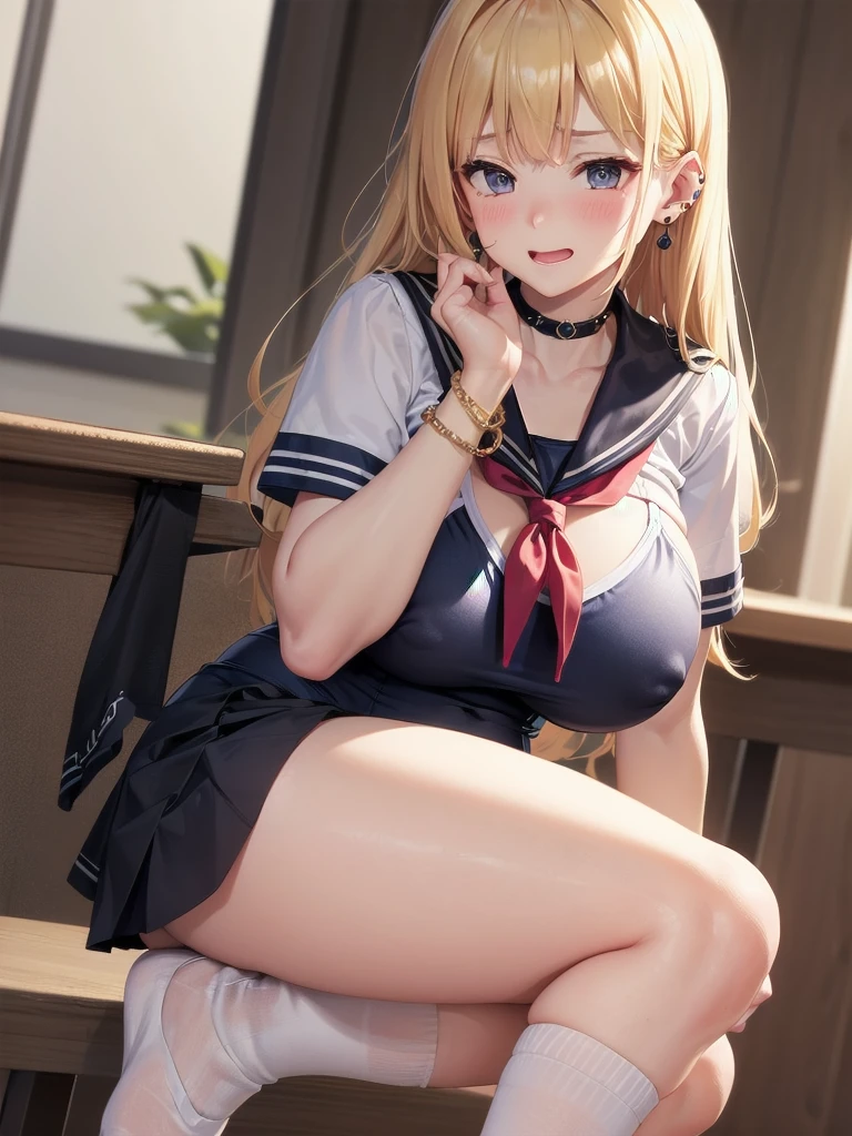 Solo (((best quAltiy)), (Super Detail), 1 Girl,(Huge bust:1.5) Blonde straight hair, ((School Swimsuit)), classroom, white panties , Skinny legs, uniform, skirt,Nipple piercing,(The bra is see-through) ear nipple ring, Tongue Piercing, Stud earrings, Black choker, Loose tie, socks, Serafuku, Neppa, Sailor collar, プリーツskirt, 白いsocks, 黒いskirt, 黒いskirt, Short sleeve,shirt,白いshirt,Black Sailor Collar,Blue scarf,ミニランジェリーTshirt,Underbust,Beaded Bracelets,Clenching the wrist,Long fingernails,Open her mouth,Smile,By bangs,Little Brest,,perfect hand,Detailed fingers of the hand,Look up_Al_Viewer,high high quAlity,Rich details,perfect image quAlity,(Embarrassed face:1.5)