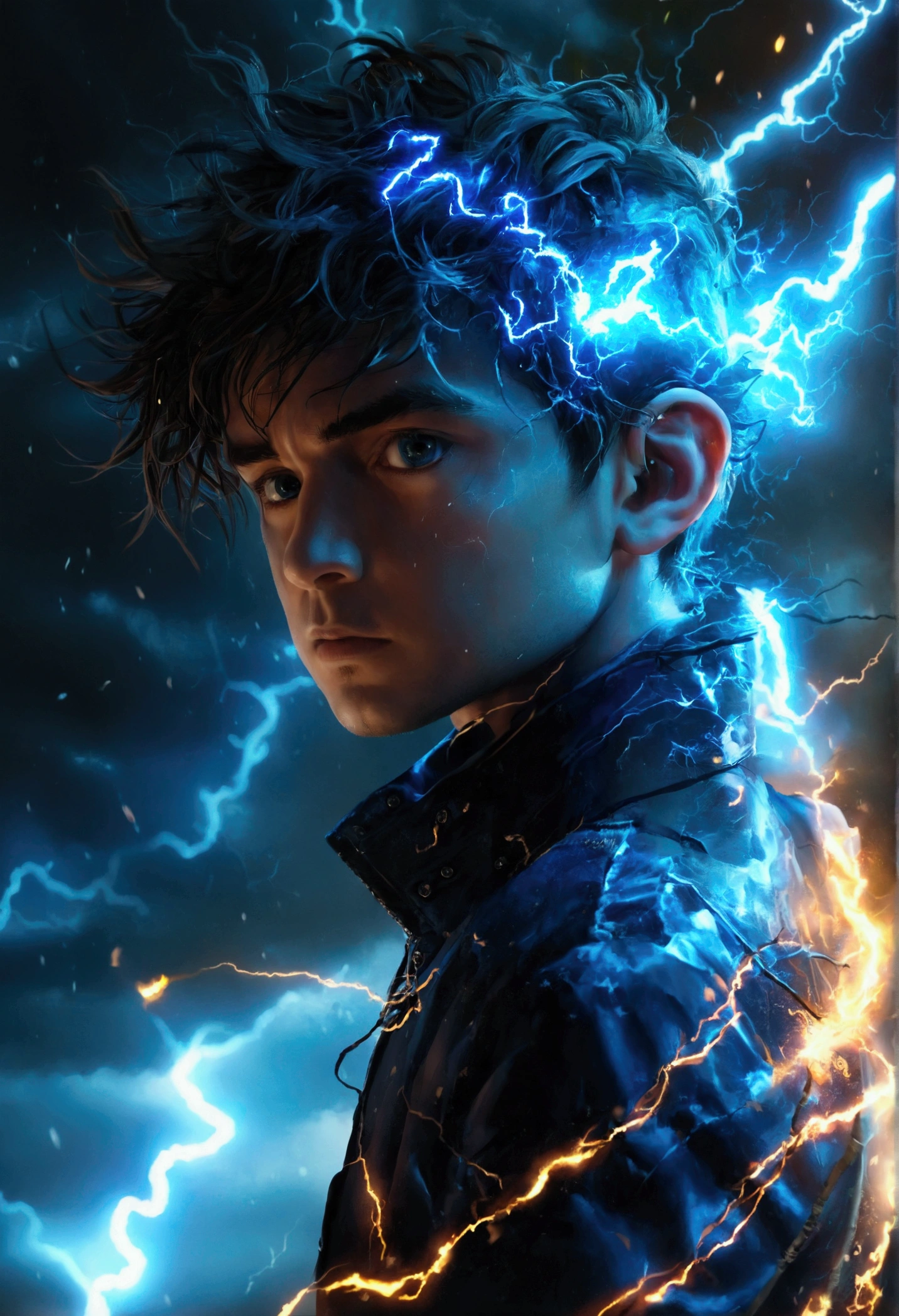 A man 23 years okd who got struck by lighting and got speed, flying, lighting bolts, Suit blue with glowing lighting symbol, hair colour dark blue, stormy enviroment