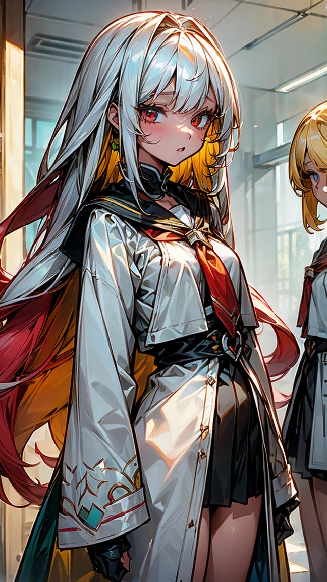 (((3 17 year old girls.))) 1 with yellow hair and green eyes, tanned body. 2 white hair and blue eyes, white body. 3 Red Hair And Red Eyes, with dark body. The 3 girls are standing. in clothes. High School College Fund.