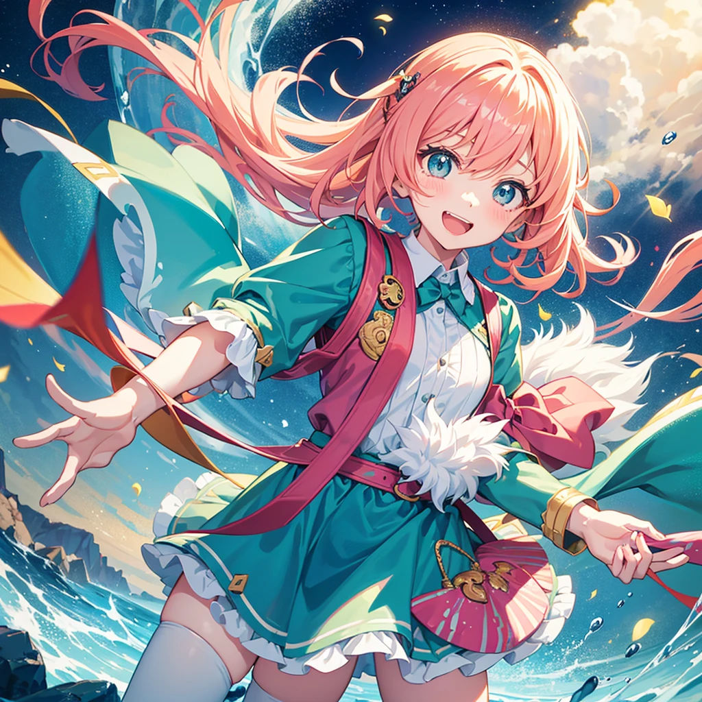 In the style of "Oshi no Ko," create an anime-style image of a clumsy and naturally awkward girl. She should have bright-colored hair, styled in a fluffy and cute manner, and her smile should be charming. Dress her in casual, adorable clothing, like a pink or light blue dress or one-piece outfit. Depict her in a scene where she's bumping into something or tripping, showing a slightly troubled but cheerful expression. The background should be bright and fun, emphasizing her clumsiness in a lively setting. For example, include scattered items or animals around her, reflecting her involvement in a playful mishap.
