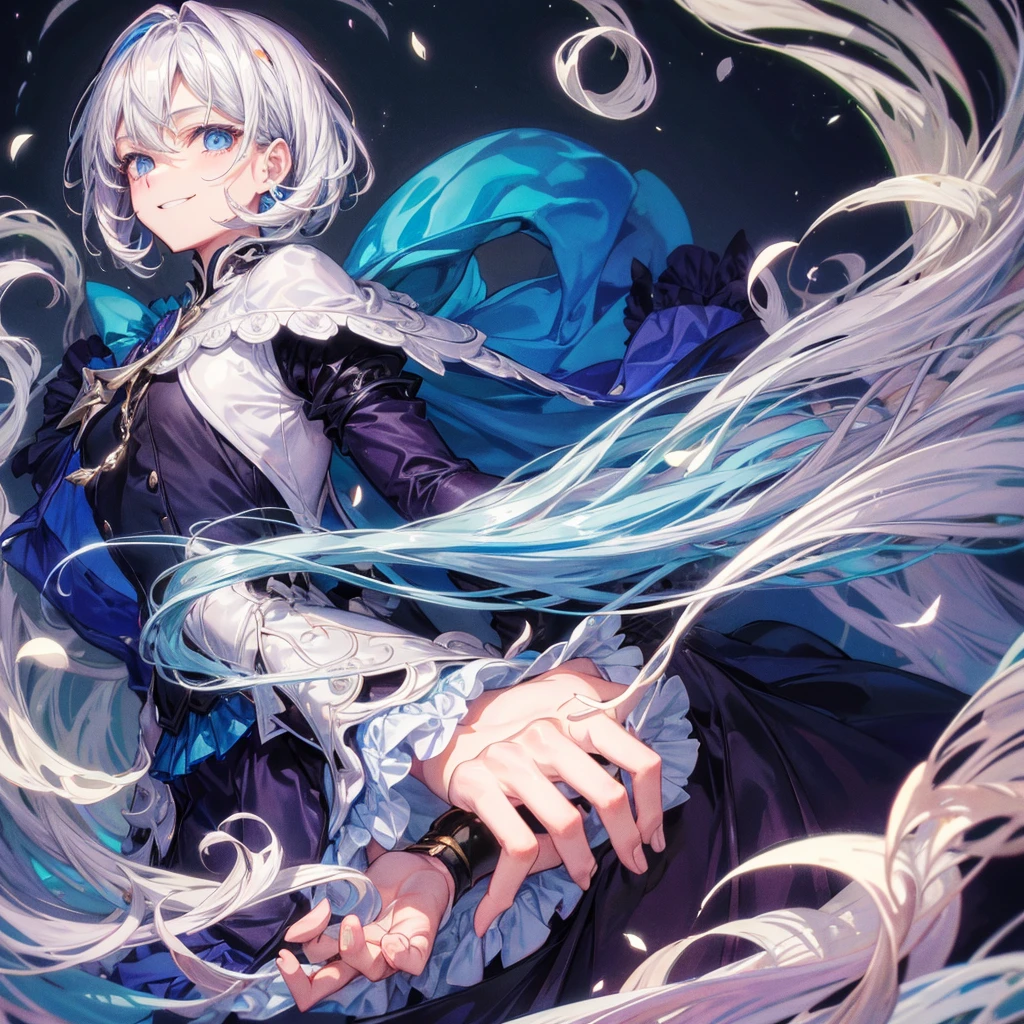 Grown-up guy, pearlescent hair, blue eyes, dark clothes,smile face,murder.
