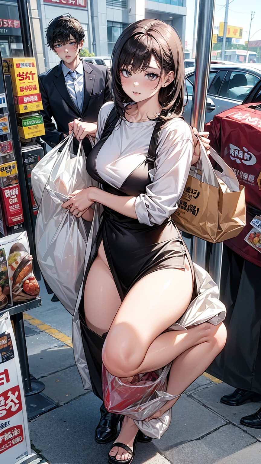 (A work depicting a scene from a manga for adults), housewife, Realistic sized eyes, Droopy eyes, shame, (She is carrying a large plastic bag full of groceries.), ((Spread your legs, banging one&#39;s groin against a stone pillar on the sidewalk to masturbate, pubic hair)),Angle from below, alley,No bra、(((Masturbation 、Leg spread、)))、panties、Random Color、nsfw