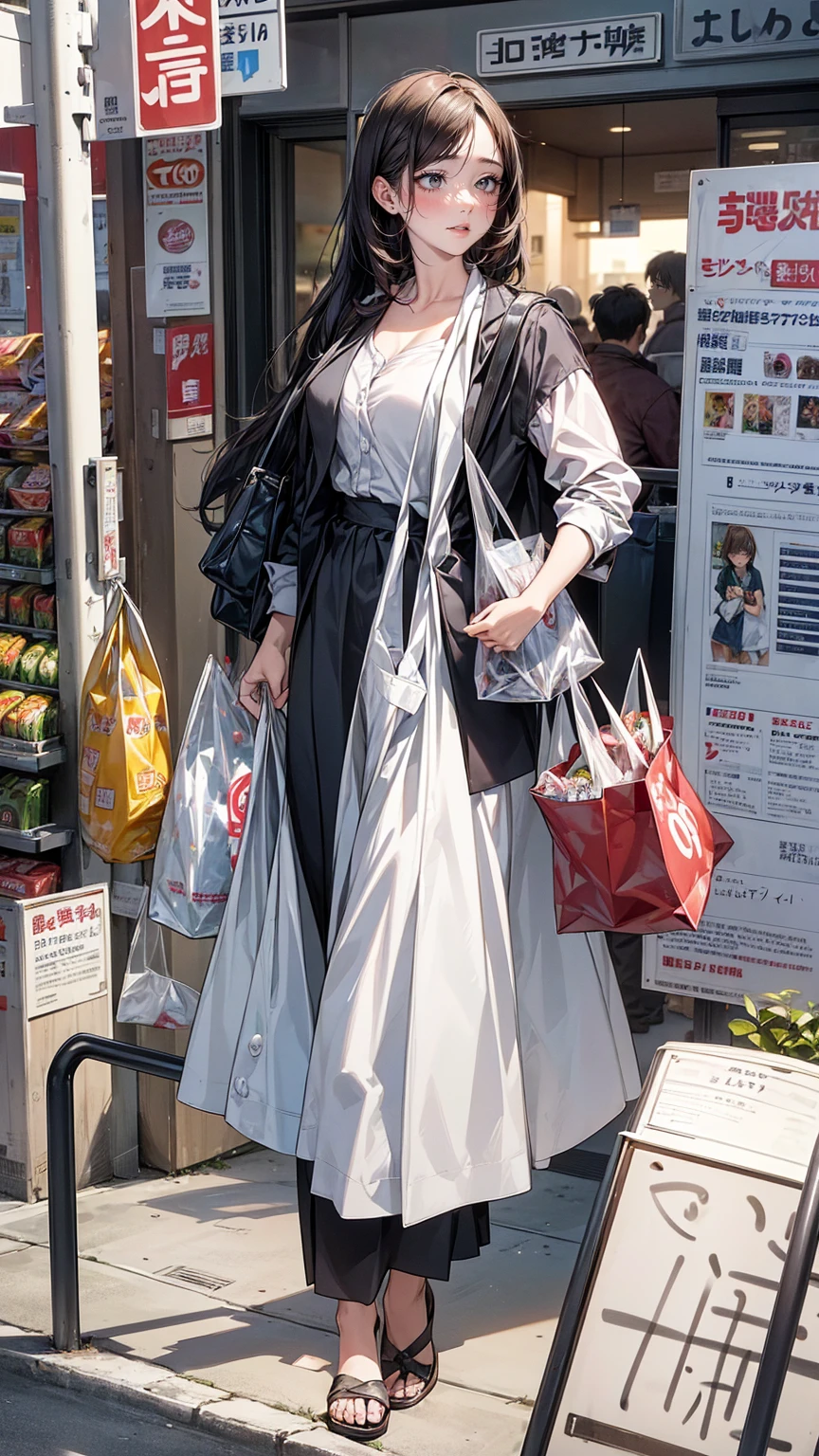 (A work depicting a scene from a manga for adults), housewife, Realistic sized eyes, Droopy eyes, shame, (She is carrying a large plastic bag full of groceries.), (Spread your legs, banging one's groin against a stone pillar on the sidewalk to masturbate, pubic hair), Angle from below, alley,