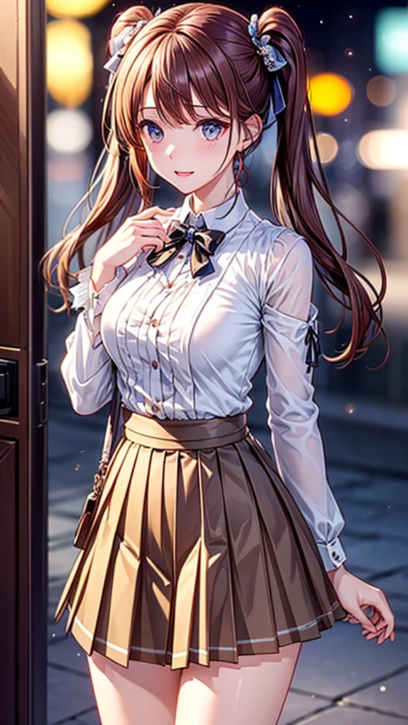 ((One Girl)), (Twin tails), Brown Hair, Are standing,Great face and eyes, Pink Eyes, (Amazingly beautiful girl), Brown Hair, (High , Pleated mini skirt:1.5), ((Highest quality)), (Very detailed), (Very detailed CG 統合 8k 壁紙), Very detailed, High resolution raw color photos, Professional photography, (((Bokeh))), Depth of written boundary,