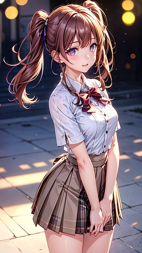 ((One Girl)), (Twin tails), Brown Hair, Are standing,Great face and eyes, Pink Eyes, (Amazingly beautiful girl), Brown Hair, (High , Pleated mini skirt:1.5), ((Highest quality)), (Very detailed), (Very detailed CG 統合 8k 壁紙), Very detailed, High resolution raw color photos, Professional photography, (((Bokeh))), Depth of written boundary,