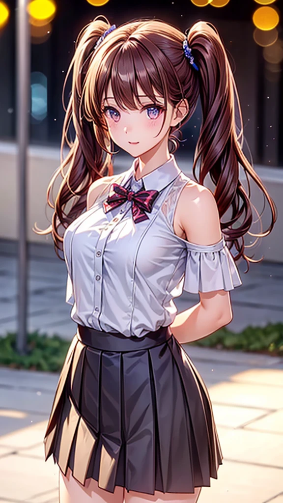 ((One Girl)), (Twin tails), Brown Hair, Are standing,Great face and eyes, Pink Eyes, (Amazingly beautiful girl), Brown Hair, (High , Pleated mini skirt:1.5), ((Highest quality)), (Very detailed), (Very detailed CG 統合 8k 壁紙), Very detailed, High resolution raw color photos, Professional photography, (((Bokeh))), Depth of written boundary,