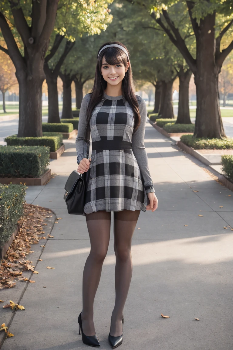 ((masterpiece, top quality, 8k, RAW photo, realistic, ultra highly detailed)), 1 girl, big smile:1.4, 20 years old, perfect cute face:1.5, symmetrical face, perfect body:1.3, dark brown hair, straight long hair:1.4, bangs:1.4, (full body shot, black headband), ((light gray and black plaid one piece dress, long sleeve, black thick pantyhose, black heels)), (full body, polite standing:1.4, beautiful legs:1.3), (in campus:1.4)