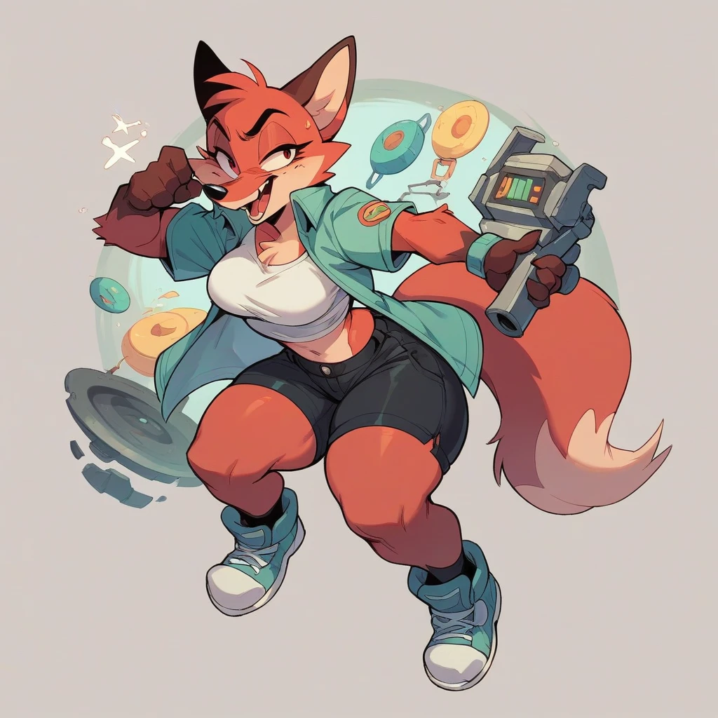 Animated foxy TOON, wearing black shorts, has thicc thighs, in the cyberspace.