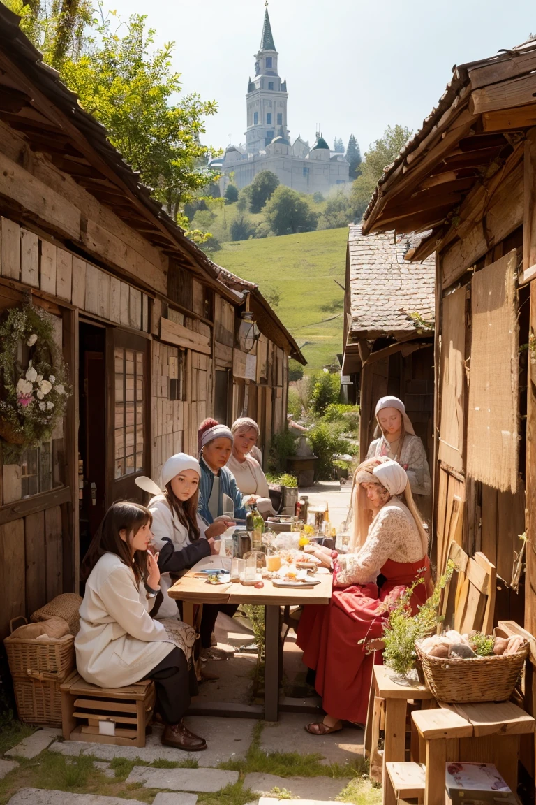 Painting of a group of women and men in traditional Russian folk clothes, holding a loaf, against the backdrop of an ancient Slavic settlement Definitely biological, good luck, Juhol energy, Craig Mullins, Alphonse A lot, Hiroshi Yoshida, Peter Mohrbacher James Jean, A lot, Климт --w 4000 --h 6000