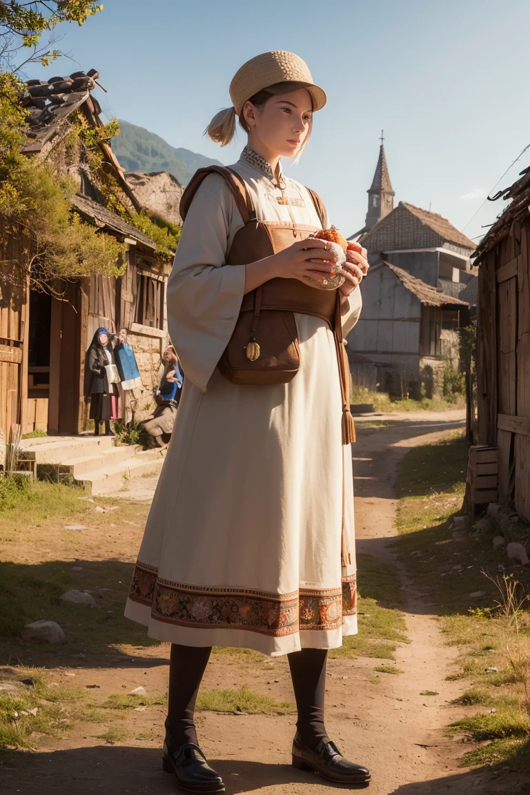 Painting of a group of women and men in traditional Russian folk clothes, holding a loaf, against the backdrop of an ancient Slavic settlement Definitely biological, good luck, Juhol energy, Craig Mullins, Alphonse A lot, Hiroshi Yoshida, Peter Mohrbacher James Jean, A lot, Климт --w 4000 --h 6000