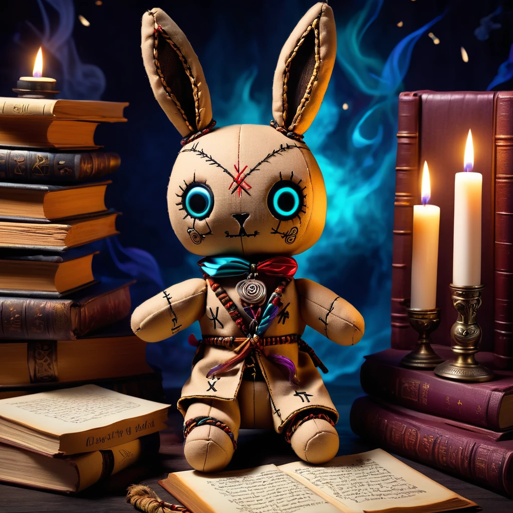 (knitted toy voodoo doll:1.7), (Voodoo Rabbit Writing Spells:1.3), (Clothing: enchanted robe with lunar designs:1.0), (Accessories: glowing quill, enchanted parchment:1.2), (background: magical study with floating books and glowing sigils:1.2), best quality, masterpiece, detailed soft oil painting, detailed background, dramatic cinematic lighting, soft edge lighting, professional, dramatic lighting, hard edge lighting, ultra quality, 4k,masterpiece, best quality, 8k, ultra highres, highres, extremely detailed