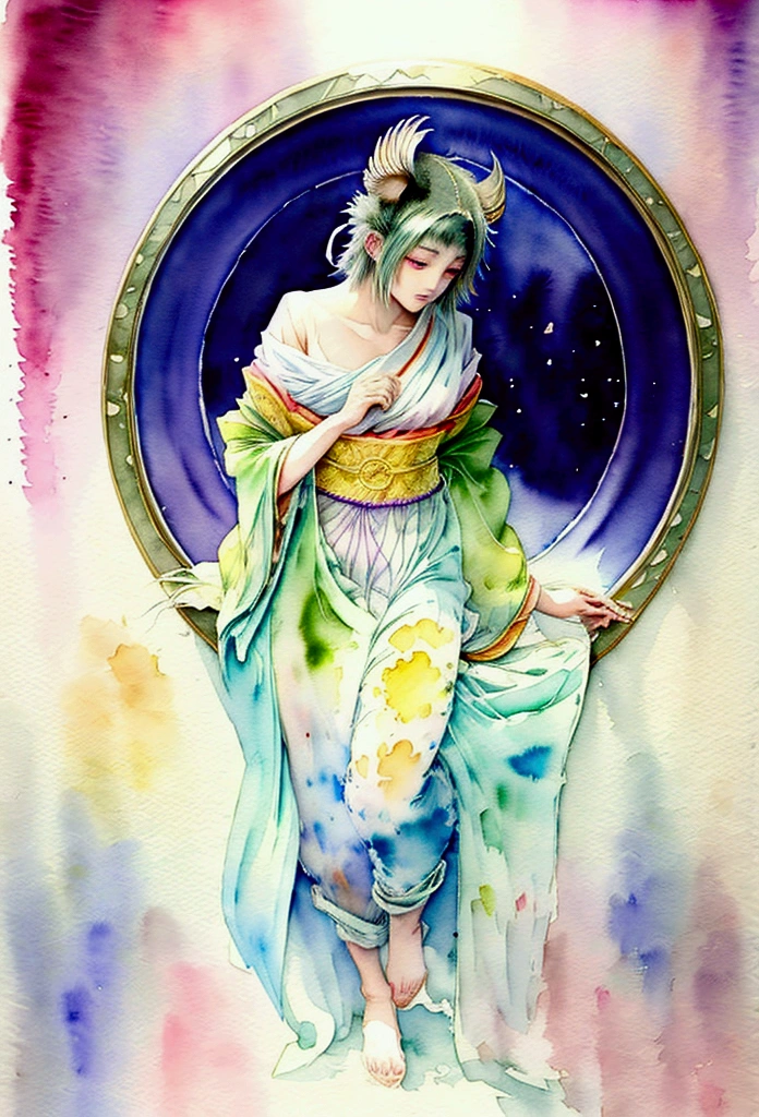 (table top, highest qualityの, highest quality, official art, (beautiful and aesthetic:1.4), (watercolor painting:1.4) ), (Tsukiyami:1.5), Japanese mythology god々々々々々, dignified beauty, goddess of the moon、goddess of life、reincarnation support, God's grace, calm and meditative expression, flowing heavenly garments, A silvery glow illuminated all the landscapes on Earth, dazzling light dance, whispers of ancient legend
