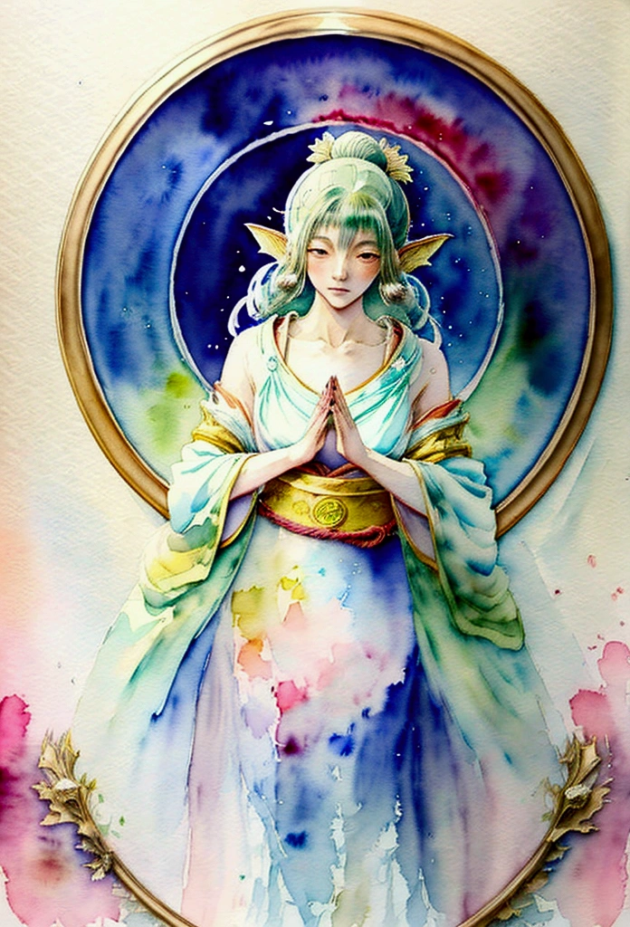 (table top, highest qualityの, highest quality, official art, (beautiful and aesthetic:1.4), (watercolor painting:1.4) ), (Tsukiyami:1.5), Japanese mythology god々々々々々, dignified beauty, goddess of the moon、goddess of life、reincarnation support, God's grace, calm and meditative expression, flowing heavenly garments, A silvery glow illuminated all the landscapes on Earth, dazzling light dance, whispers of ancient legend