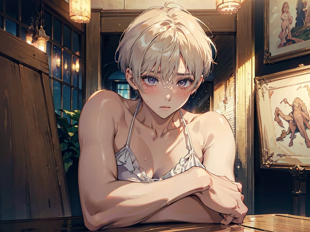 最高masterpiece、(high resolution)、anime、male、((Highest quality)), ((masterpiece)), (detailed),Neutral face、short hair、expensive、Spread your legs、whole body、skinny、micro bikini、Frills、blush、cry、sorrow、oiled skin、Skinny body、erotic、Sexy pose