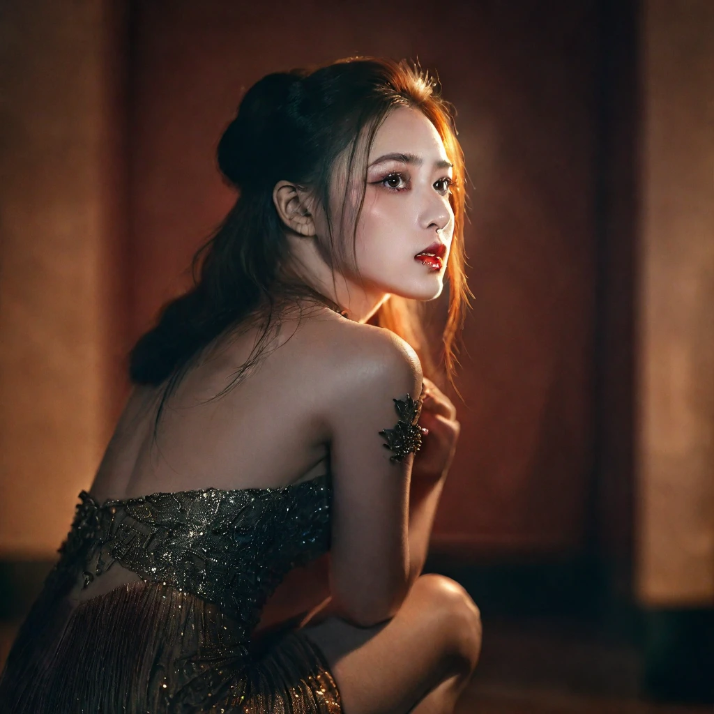 a woman squatting on her knees in a long tight dress, rear view, extremely detailed face and body, 1girl, intricate dress, photorealistic, cinematic lighting, dramatic composition, moody atmosphere, warm color tones, soft focused background, beautiful detailed eyes, beautiful detailed lips, extremely detailed face, longeyelashes, high quality, 8k, best quality, masterpiece, hyper detailed, photorealistic, studio lighting