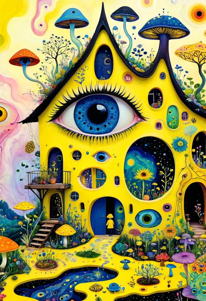Intense visual fusion of various elements,broto,microorganism、plantar、house、Eye、wild animal life,Stitching an abstract painting,Describing the inner world of autistic people,Sense of space,blank space,interesting,innocence,psychedelic art,yellow