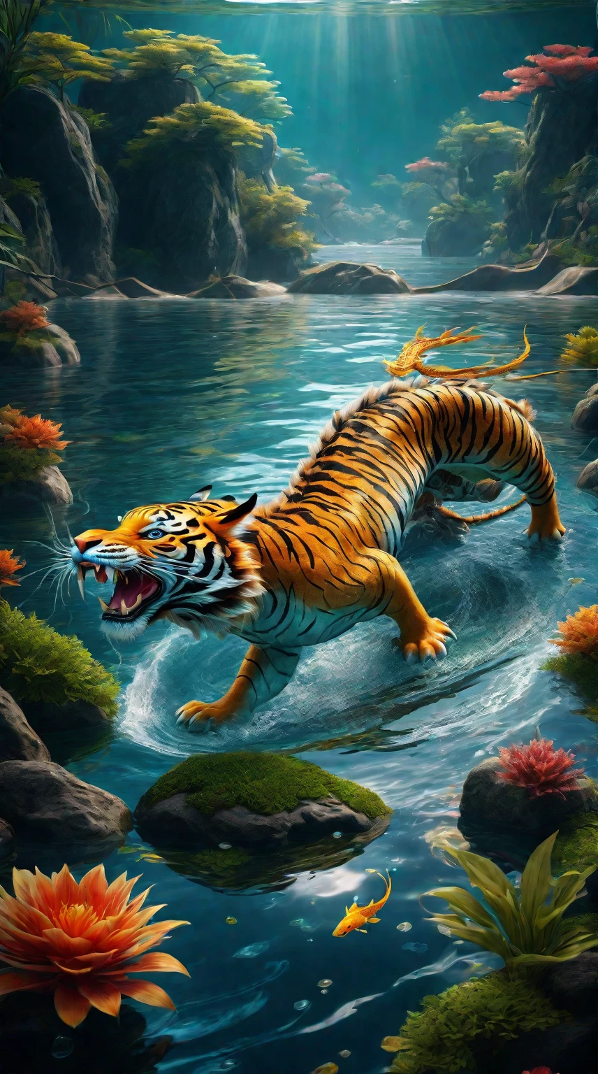 There is a creature in the water,A combination of tiger and dragon(best quality,4K,8k,High level,masterpiece:1.2),Ultra Detailed,(lifelike,Photo real,Photo real:1.37),Highly detailed animals,Complex patterns,Realistic lighting,Fantasy Creatures