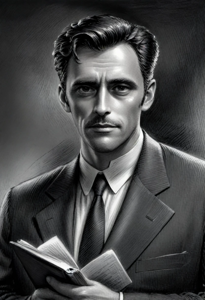 Sketch of Detective Inspector, featuring a man, captivating gaze, clutching a book, only upper body visible, subtle shading to suggest a chiseled jawline, heroic stature,mismatched pages, charcoal, noir style, story-packed eyes, under sharp overcast lighting,  sketchbook aesthetic, grayscale, soft texture, expressive line work, monochrome with hues of gray, pen-drawn detail,sk3tch,crispy, hi-contrast