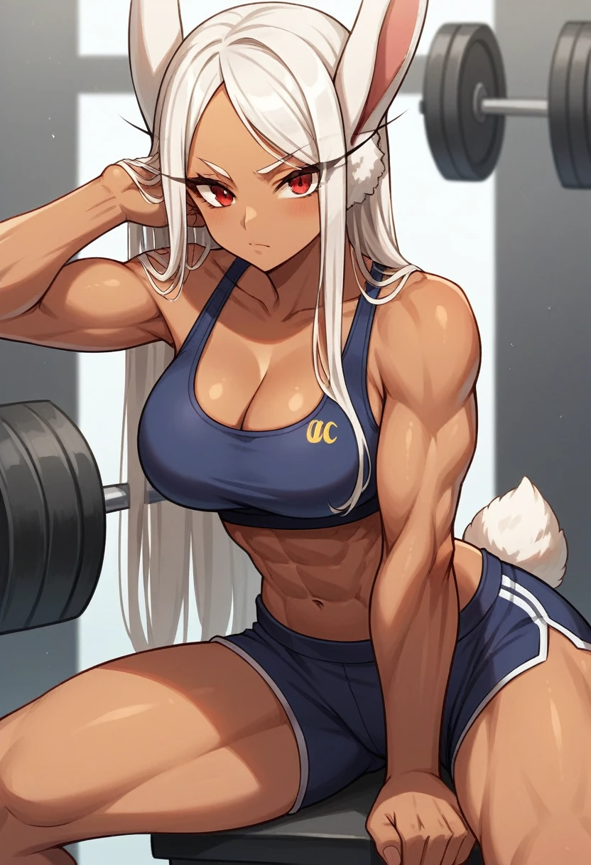 Kittew style, 1girl, breasts, animal_ears, mirko, rabbit_ears, dark-skinned_female, dark_skin, long_hair, solo, white_hair, red_eyes, rabbit_girl, cleavage, large_breasts, navel, looking_at_viewer, sports_bra, toned, shorts, thighs, long_eyelashes, parted_bangs, bangs, sportswear, midriff, black_shorts, leaning_on_object, black_sports_bra, leaning_forward, abs, arm_rest, very_long_hair, underwear, closed_mouth bunduda