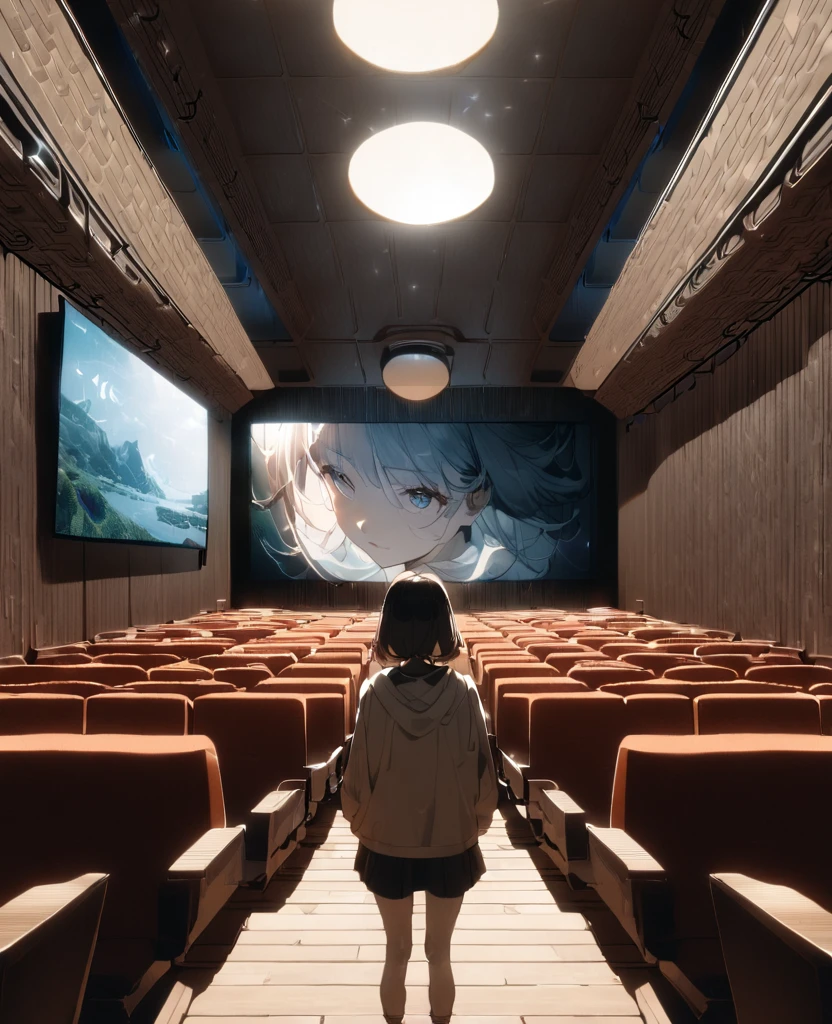(Projection onto a cinema screen, hyper realistic style), (Word message is "1111" in cinema screen), break, double exposure sadist girl in screen, BREAK, perfect anatomy, masterpiece, best quality, 16k, beautiful detailed cinema, daydreaming expression.