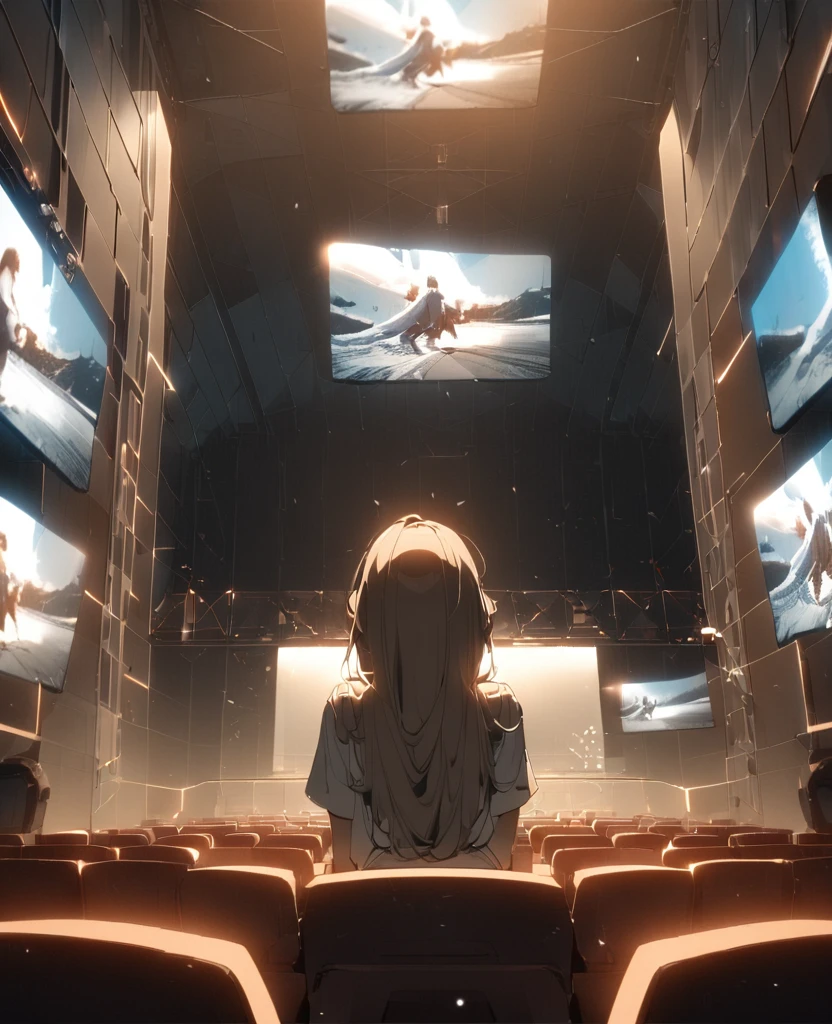 (Projection onto a cinema screen, hyper realistic style), (Word message is "1111" in cinema screen), break, double exposure sadist girl in screen, BREAK, perfect anatomy, masterpiece, best quality, 16k, beautiful detailed cinema, daydreaming expression.