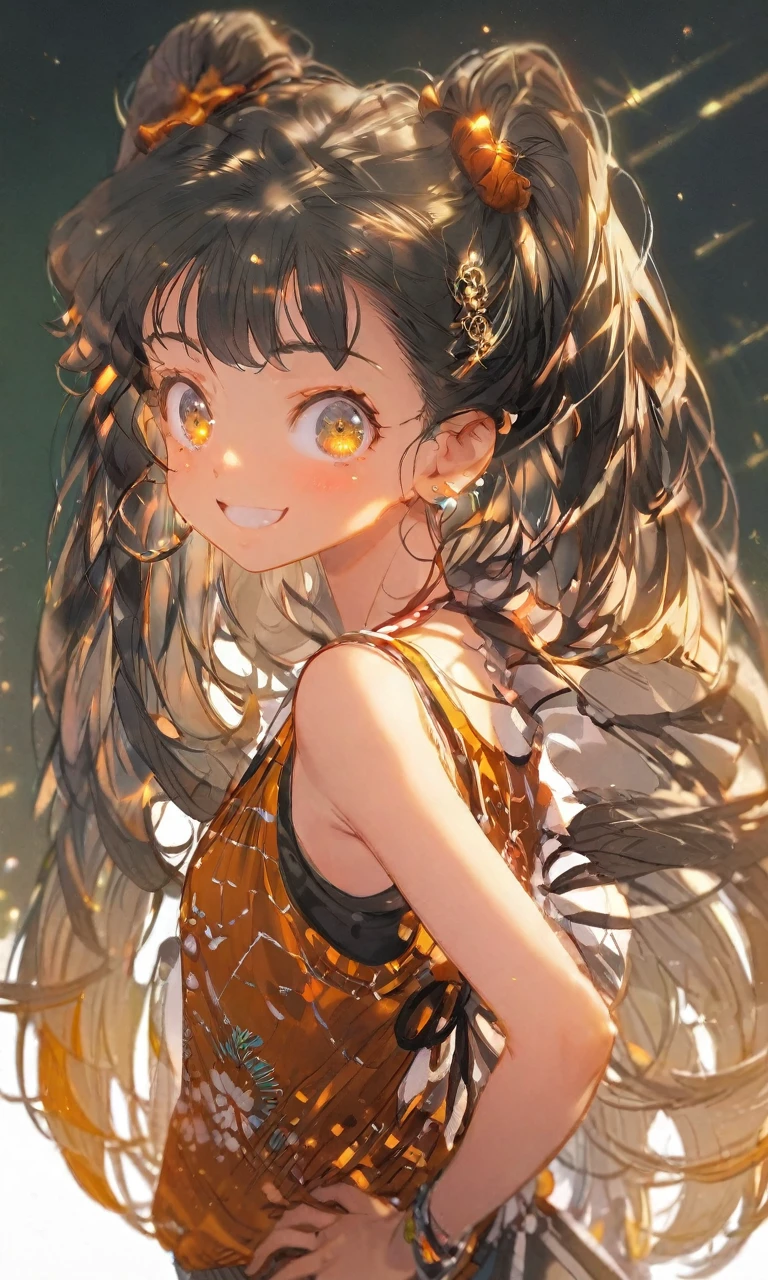 Highest quality,Yellow Eyes,Orange side tail,15-year-old girl,Wearing a tank top,A cheerful smile,Hands on hips,