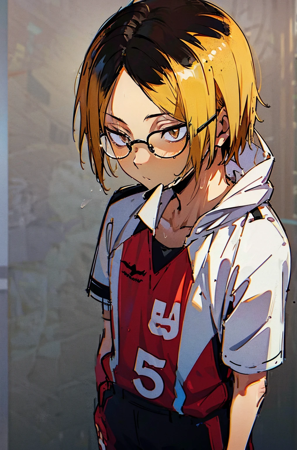 
(hutaodef:1.2),black h在 with h在 ,white 背，
Kenma Kozume，Lazy，Dark circles，Comfortable shirt，one person，Standing，Glasses