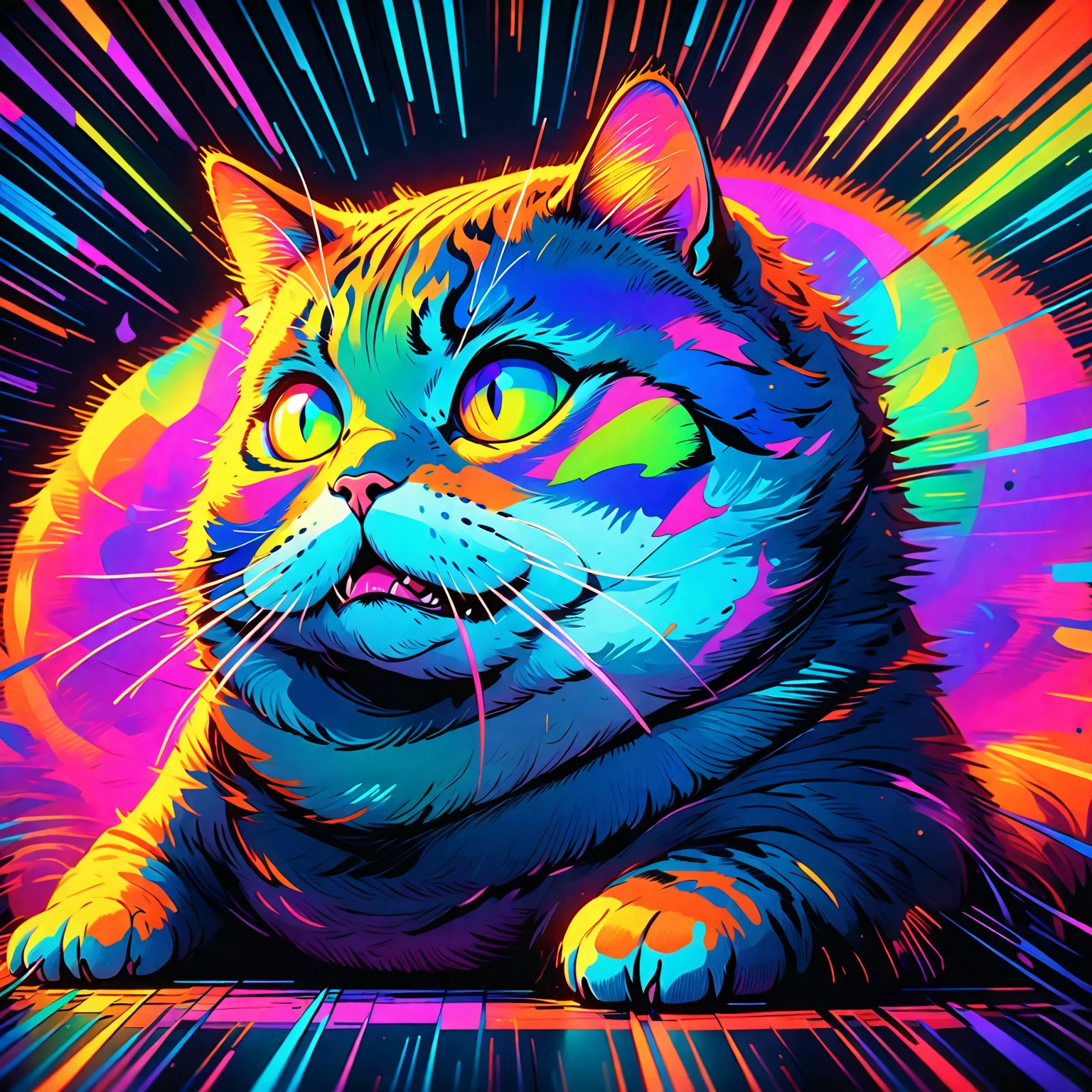 nighttime, darkness, low level neon glow, translucent, thermal iridescence effect, glitch, distortion, roygbiv, no light source, overwhelming, hyper maximal, strange, hyperrealism, rotoscope expressive ink bold line hand drawn, chonky, chonkiest tabby cat, extremely intensely chonky, spilling over in all directions, hefty, rotund, obese, large, rich color grading, cel shading, warm colors, unified colors, cinematic, absurd, making silly face, hilarity from facial expression
