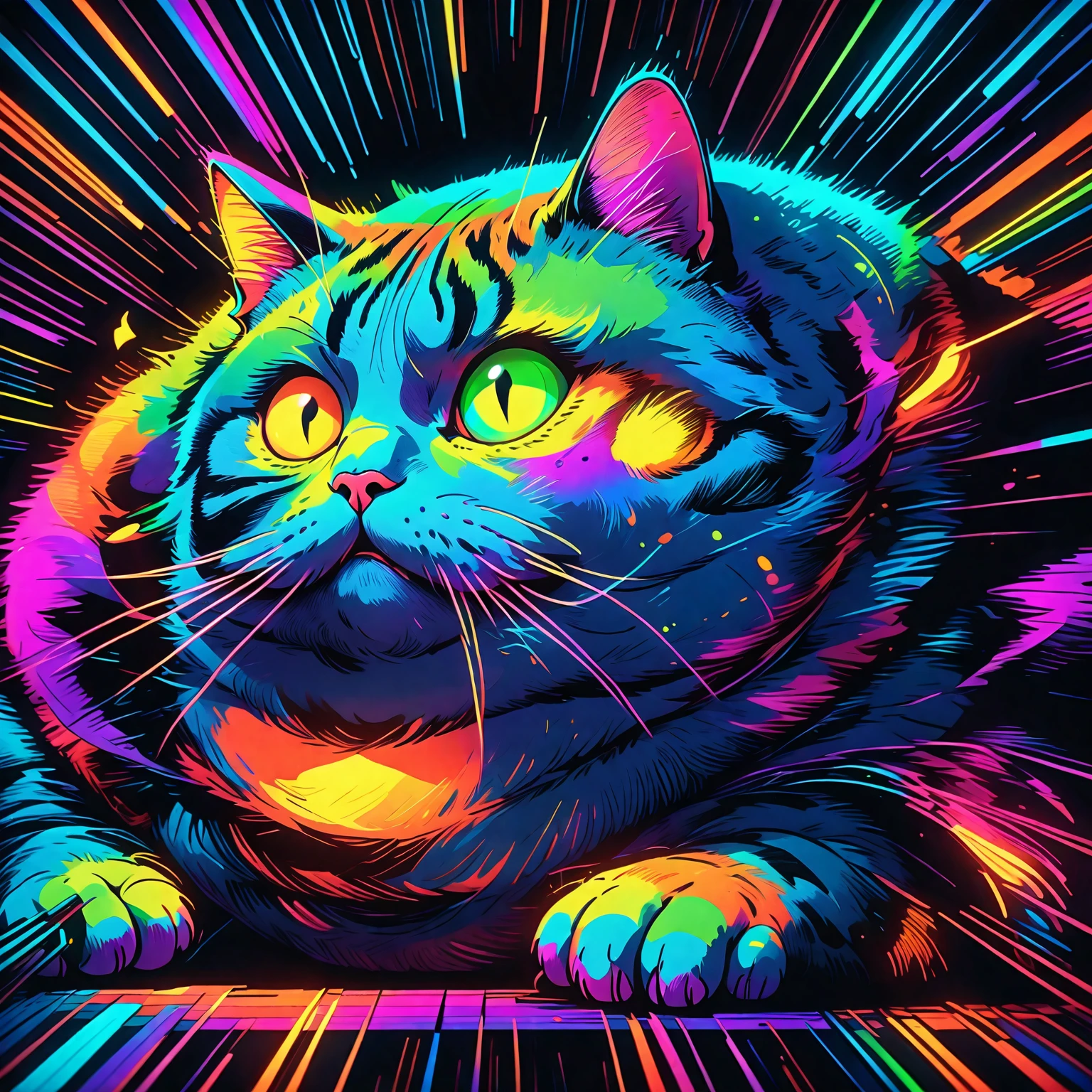 nighttime, darkness, low level neon glow, translucent, thermal iridescence effect, glitch, distortion, roygbiv, no light source, overwhelming, hyper maximal, strange, hyperrealism, rotoscope expressive ink bold line hand drawn, chonky, chonkiest tabby cat, extremely intensely chonky, spilling over in all directions, hefty, rotund, obese, large, rich color grading, cel shading, warm colors, unified colors, cinematic, absurd, making silly face, hilarity from facial expression
