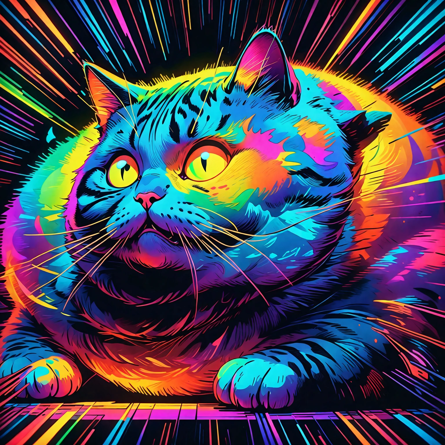 nighttime, darkness, low level neon glow, translucent, thermal iridescence effect, glitch, distortion, roygbiv, no light source, overwhelming, hyper maximal, strange, hyperrealism, rotoscope expressive ink bold line hand drawn, chonky, chonkiest tabby cat, extremely intensely chonky, spilling over in all directions, hefty, rotund, obese, large, rich color grading, cel shading, warm colors, unified colors, cinematic, absurd, making silly face, hilarity from facial expression