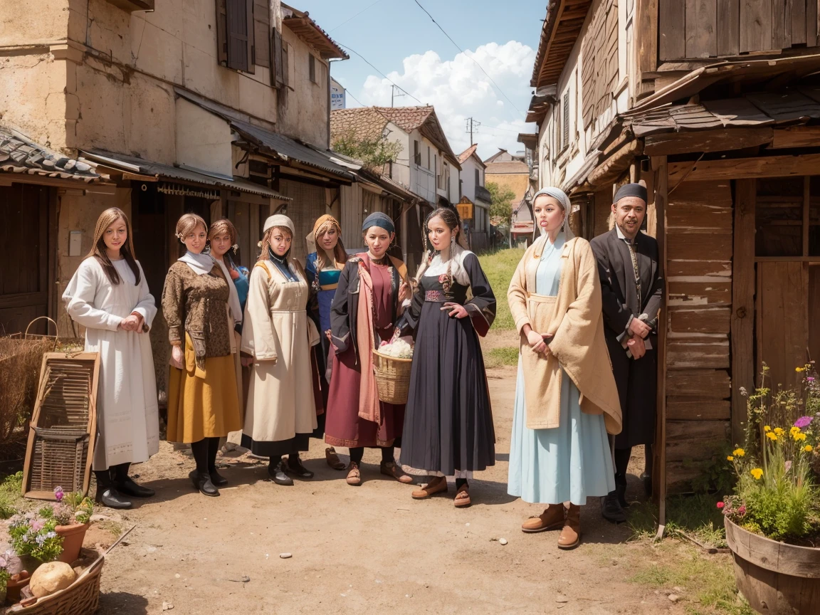 Painting of a group of women and men in traditional Russian folk clothes, holding a loaf, against the backdrop of an ancient Slavic settlement Definitely biological, good luck, Juhol energy, Craig Mullins, Alphonse A lot, Hiroshi Yoshida, Peter Mohrbacher James Jean, A lot, Климт --w 4000 --h 6000