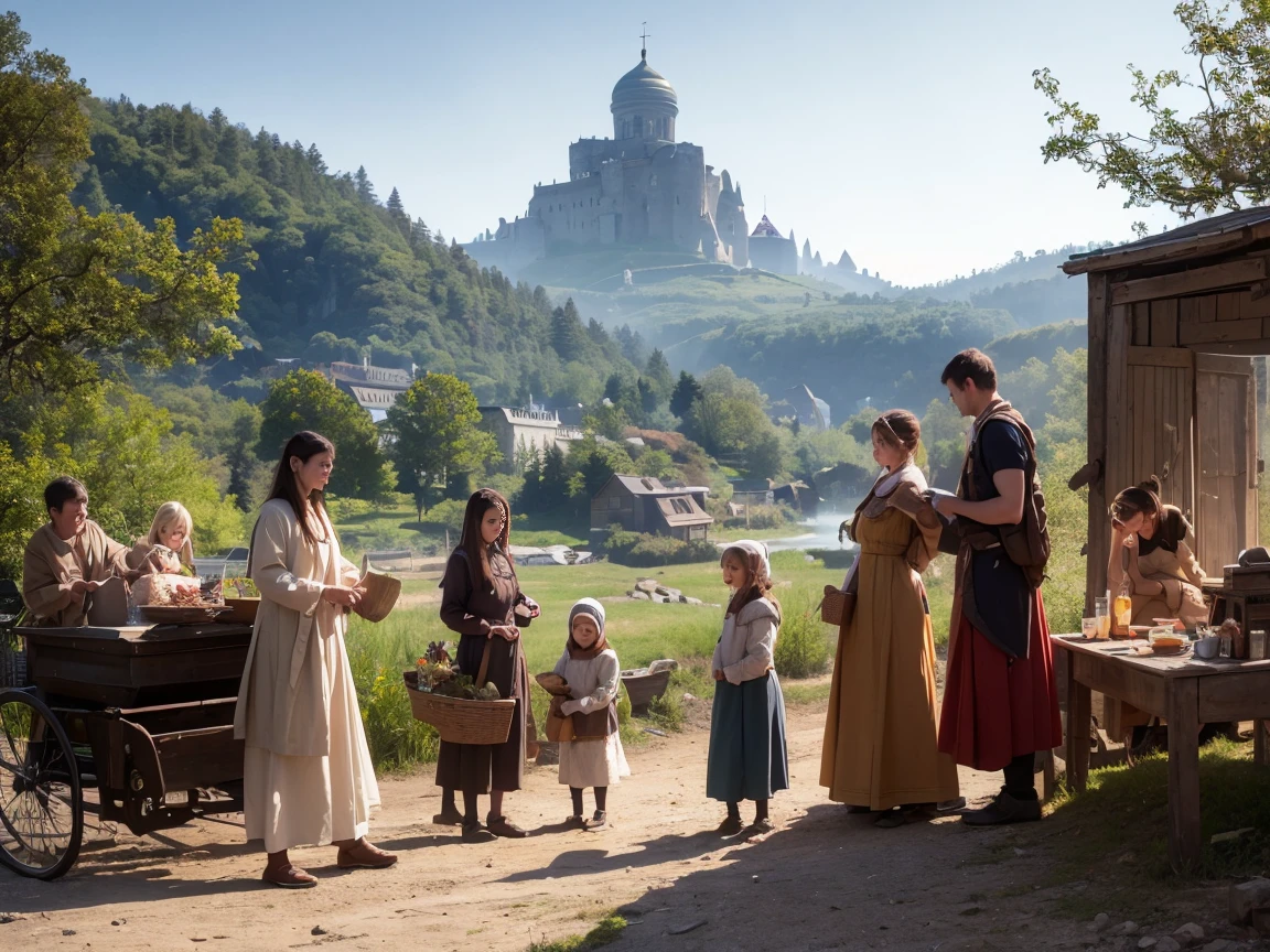 Painting of a group of women and men in traditional Russian folk clothes, holding a loaf, against the backdrop of an ancient Slavic settlement Definitely biological, good luck, Juhol energy, Craig Mullins, Alphonse A lot, Hiroshi Yoshida, Peter Mohrbacher James Jean, A lot, Климт --w 4000 --h 6000