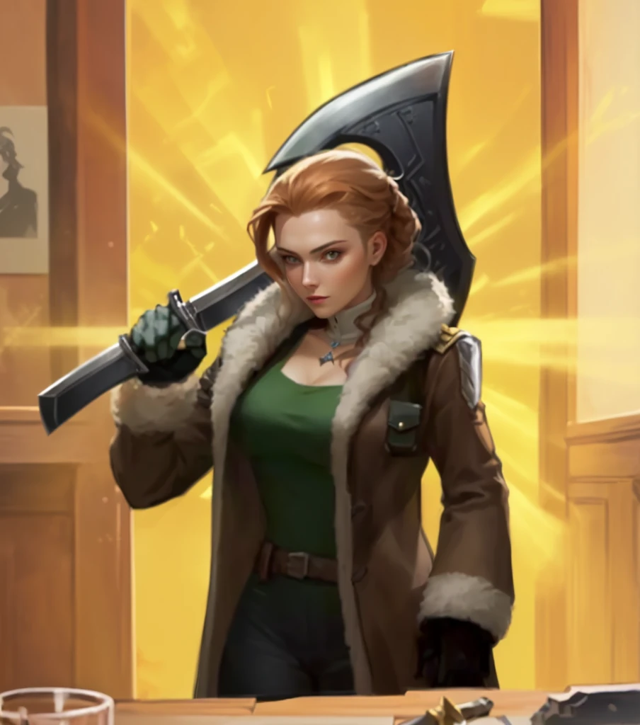there is a woman holding a large knife in her hand, anya from spy x family, epic rpg portrait, inspired by Leona Wood, she is holding a sword, brigitte, inspired by Max Magnus Norman, portrait of female rogue, inspired by Claire Falkenstein, holding a sword on her shoulder, katarina, valentina remenar, inspired by Li Shida