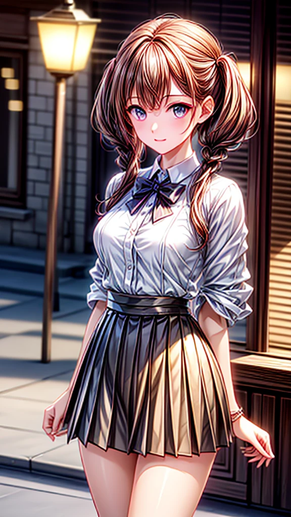 ((One Girl)), (Twin tails), Brown Hair, Are standing,Great face and eyes, Pink Eyes, (Amazingly beautiful girl), Brown Hair, (High , Pleated mini skirt:1.5), ((Highest quality)), (Very detailed), (Very detailed CG 統合 8k 壁紙), Very detailed, High resolution raw color photos, Professional photography, (((Bokeh))), Depth of written boundary,whole body