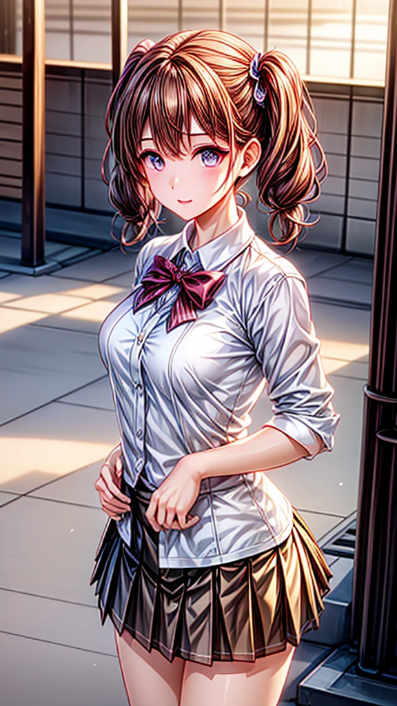 ((One Girl)), (Twin tails), Brown Hair, Are standing,Great face and eyes, Pink Eyes, (Amazingly beautiful girl), Brown Hair, (High , Pleated mini skirt:1.5), ((Highest quality)), (Very detailed), (Very detailed CG 統合 8k 壁紙), Very detailed, High resolution raw color photos, Professional photography, (((Bokeh))), Depth of written boundary,whole body