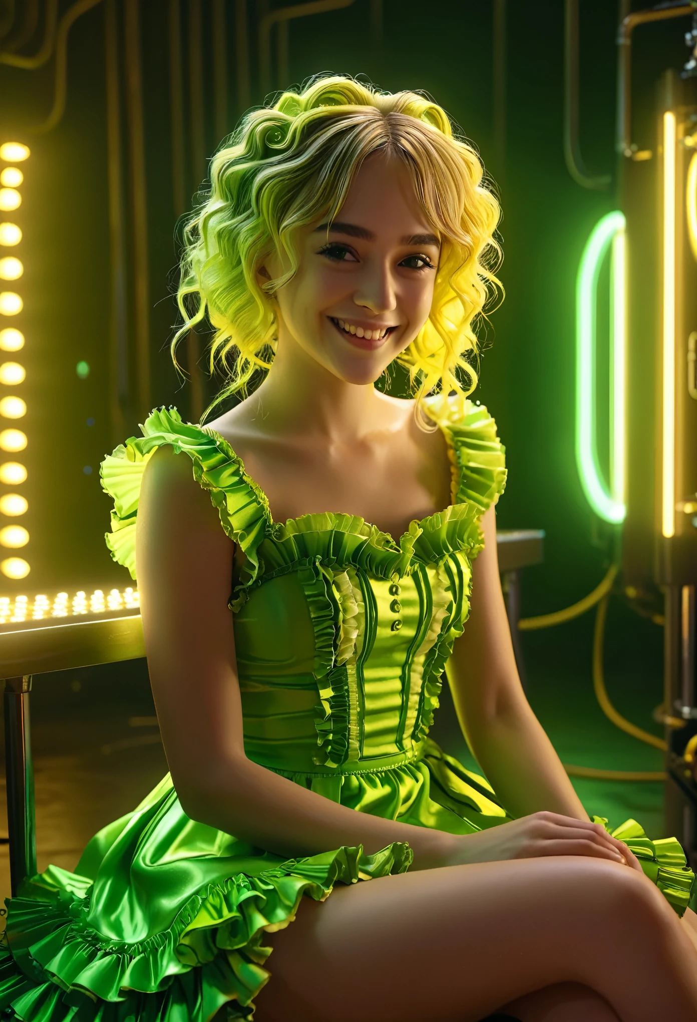 highly detailed, 8k, masterpiece, One girl, yellow green frills_hair_tube, dress, bend_that's all , Grin, (perfection_face), Sitting, machine, Brilliant, Complex, Dramatic lighting, 4K, detailed_background, Caustics, full_body, (Surreal:1.3), bloom,(Beautiful lighting:1.3), Caustics, Dynamic Lighting, Beautiful lighting, (Dakota Fanning:0.5)