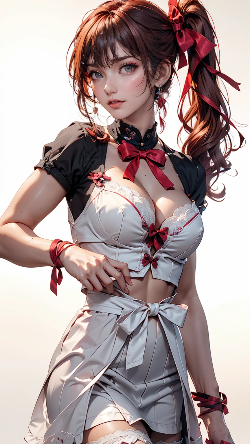 A very delicate and cute girl with pink hair and a lolita dress. 8K ultra-high image quality, Delicate texture, Pure white background.24-year-old female、Sexy proportions、Sexy breasts、Narrow waist、Long eyelashes、Side Ponytail((side ponytail))、hair band((hair ribbon))、Red hair、Textured skin((textured skin))