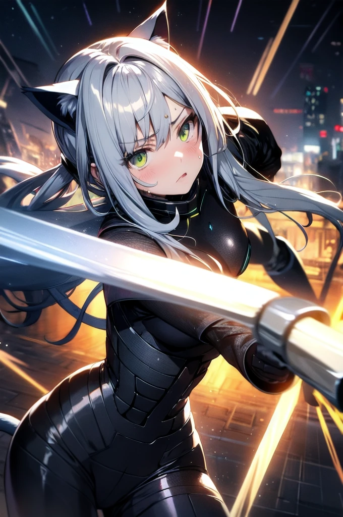 A silver-haired beautiful girl with cat ears eyes are green hair is silver and long clothes: a form-fitting black combat suit The fist is an afterimage The background is a city at night her is in a cat-like fighting pose The year is 14 years monitor, Dark Night, Sweat, Steam of Exhalation, Space, Battle, Dynamic Angle　one girl