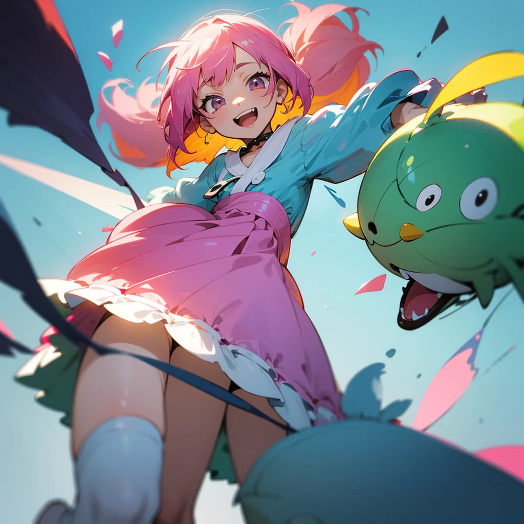 In the style of "Oshi no Ko," create an anime-style image of a clumsy and naturally awkward girl. She should have bright-colored hair, styled in a fluffy and cute manner, and her smile should be charming. Dress her in casual, adorable clothing, like a pink or light blue dress or one-piece outfit. Depict her in a scene where she's bumping into something or tripping, showing a slightly troubled but cheerful expression. The background should be bright and fun, emphasizing her clumsiness in a lively setting. For example, include scattered items or animals around her, reflecting her involvement in a playful mishap.